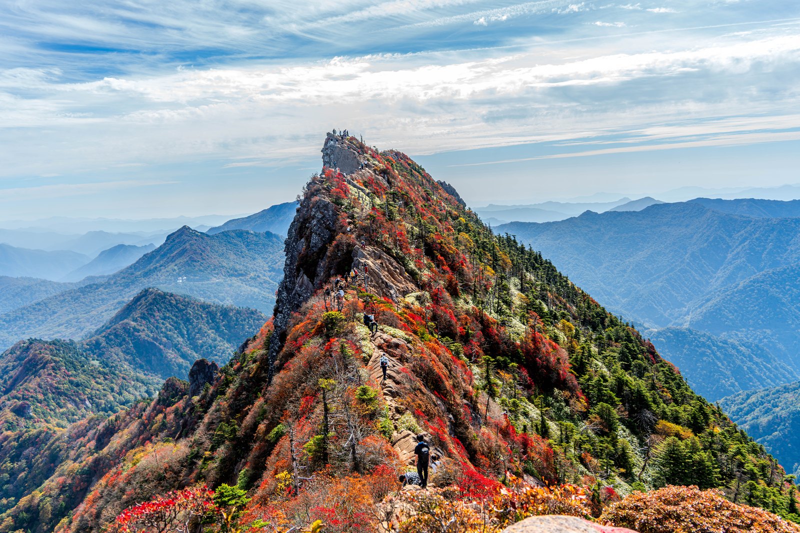 秋天的石鎚山天狗岳：登山者沿红叶覆盖的岩脊走向山尖，背后是层叠的蓝色山峦与高云